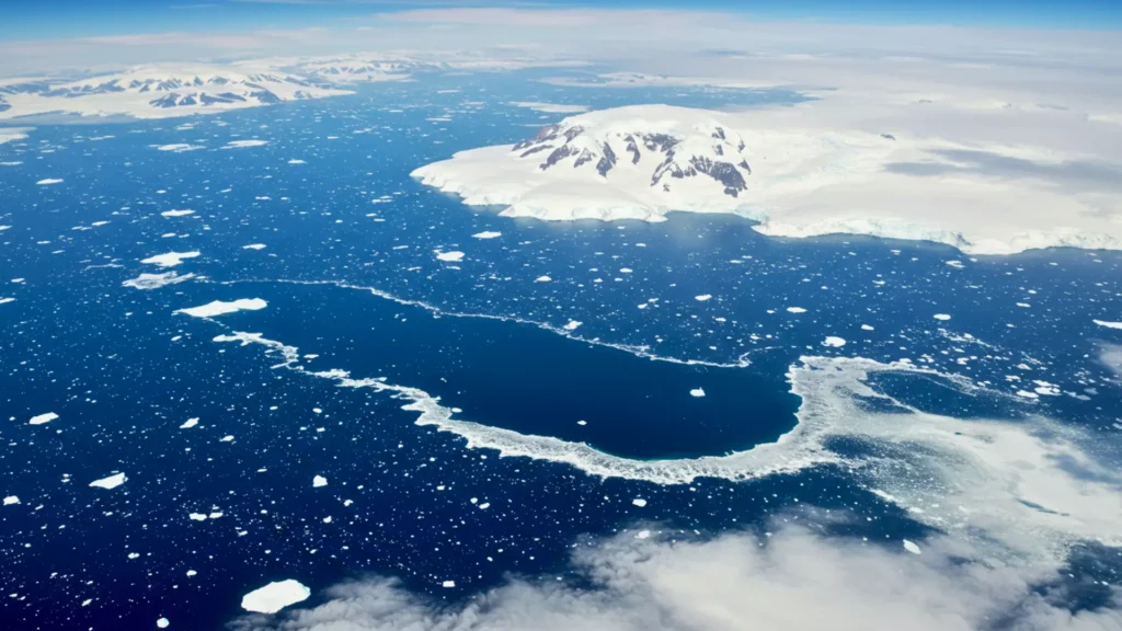 Vue aérienne d’une polynie en Antarctique formant un grand trou dans la banquise entouré de glace