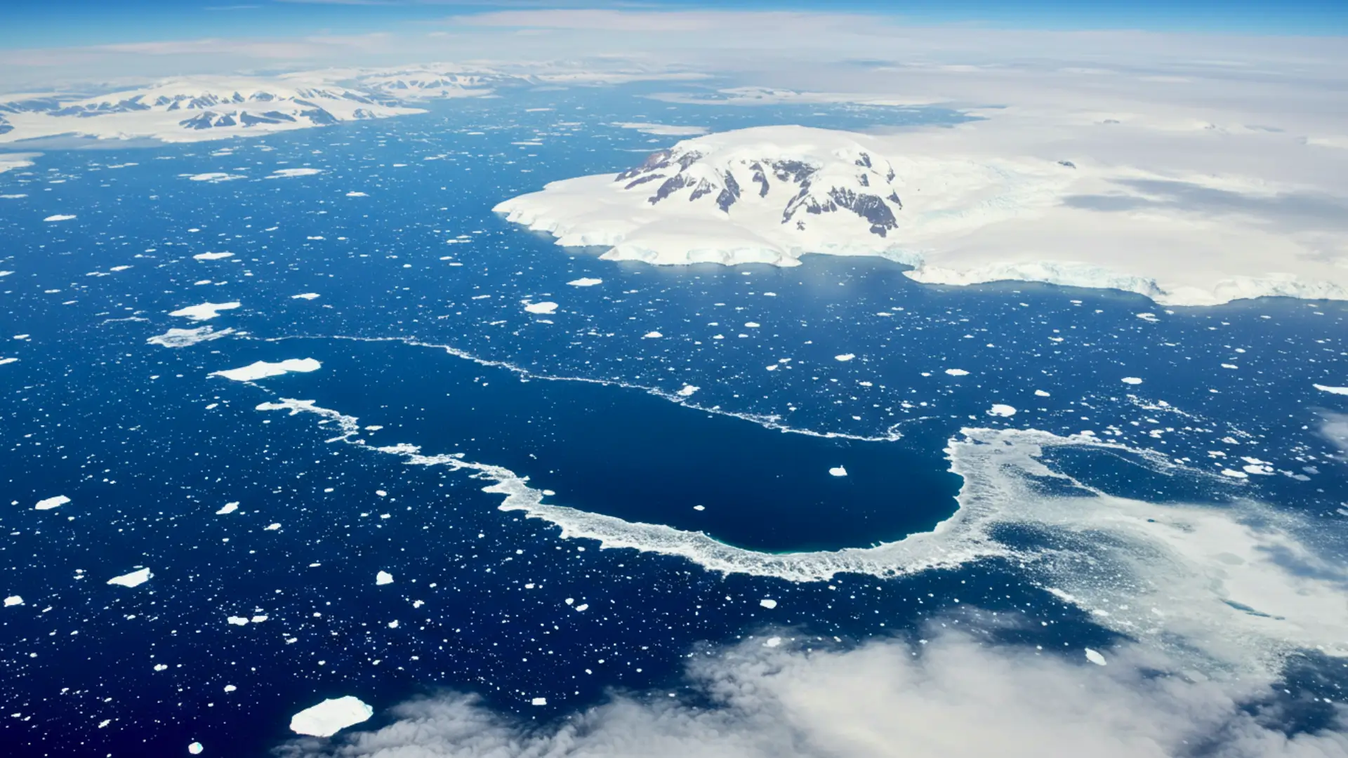 Vue aérienne d’une polynie en Antarctique formant un grand trou dans la banquise entouré de glace