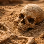 Squelette ancien partiellement enfoui dans le sable découvert lors de fouilles archéologiques près d’un monastère byzantin proche de Jérusalem.