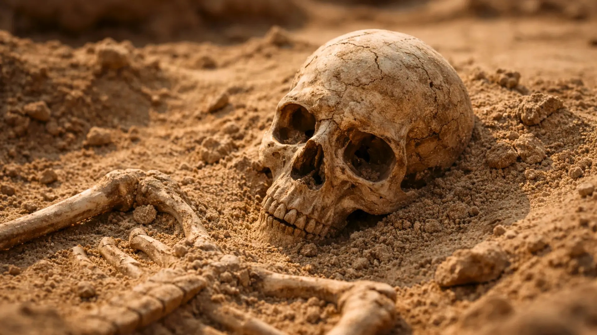 Squelette ancien partiellement enfoui dans le sable découvert lors de fouilles archéologiques près d’un monastère byzantin proche de Jérusalem.