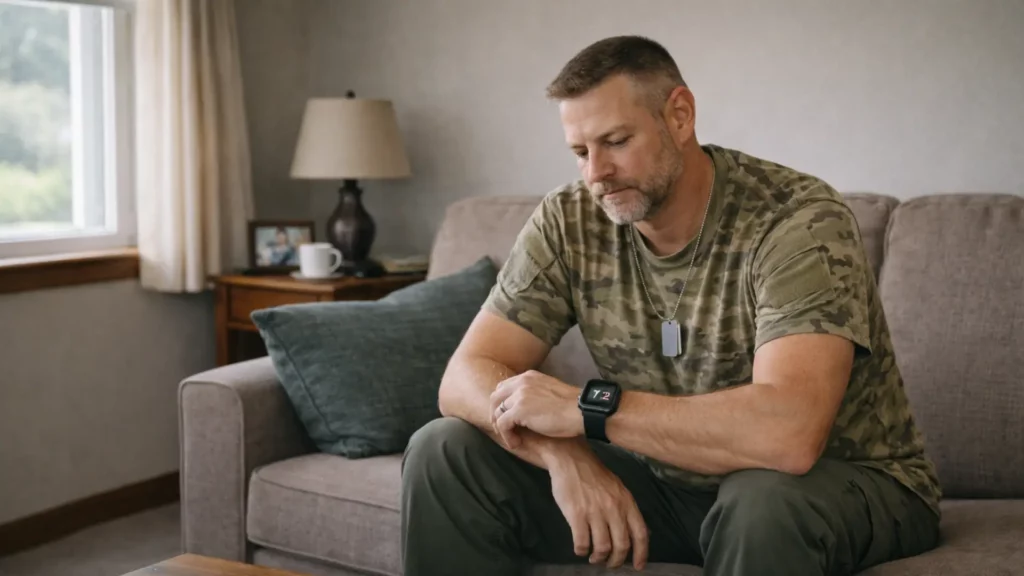 Homme assis sur un canapé regardant une montre connectée pour surveiller ses données de santé liées au stress post-traumatique