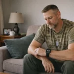 Homme assis sur un canapé regardant une montre connectée pour surveiller ses données de santé liées au stress post-traumatique