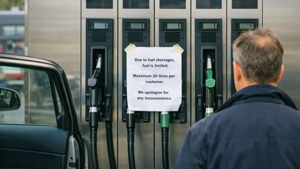 Un homme vu de dos fait face à des pompes à carburant dans une station-service, avec un avis signalant une limitation d’approvisionnement.