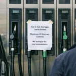 Un homme vu de dos fait face à des pompes à carburant dans une station-service, avec un avis signalant une limitation d’approvisionnement.