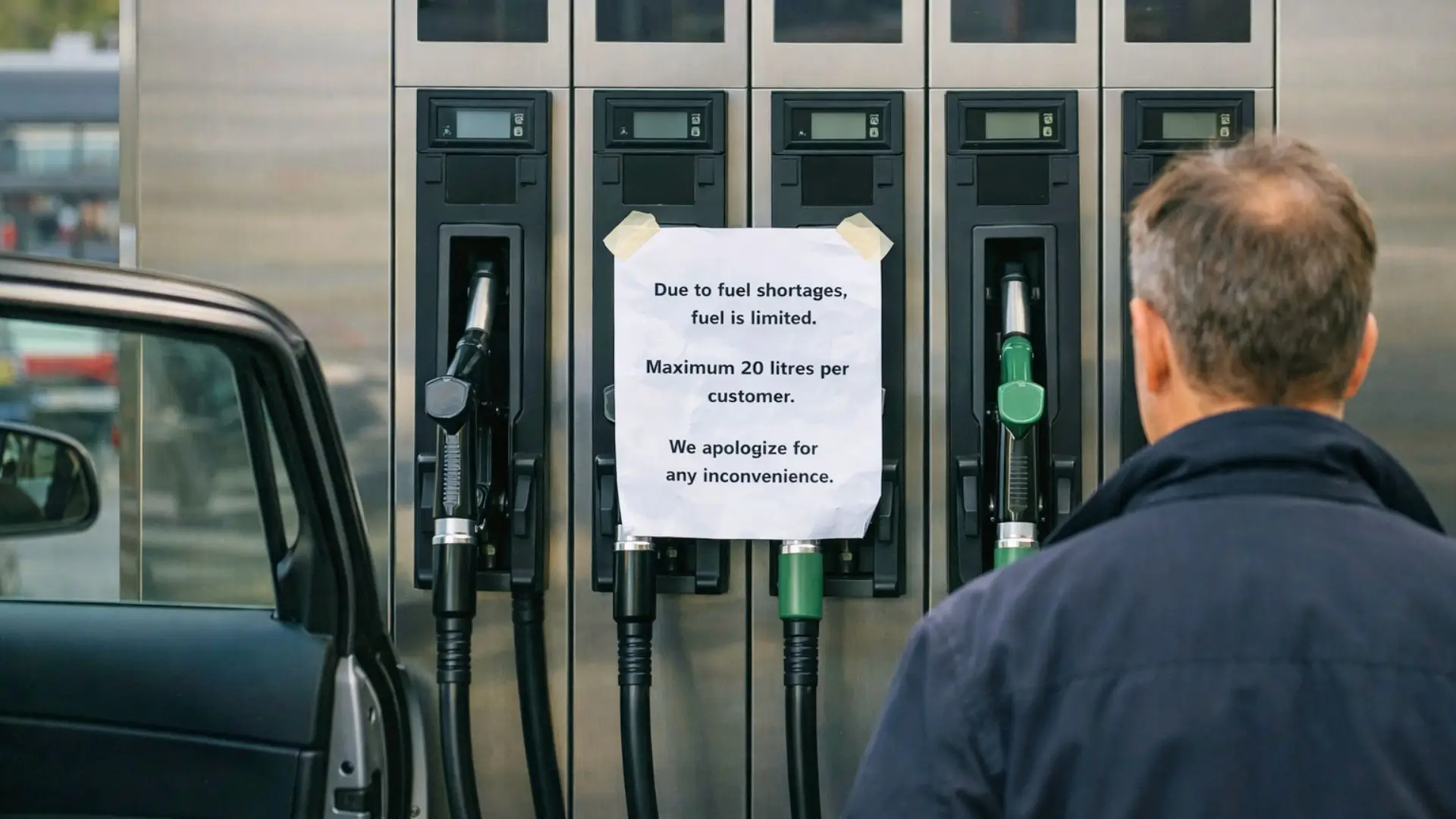 Un homme vu de dos fait face à des pompes à carburant dans une station-service, avec un avis signalant une limitation d’approvisionnement.