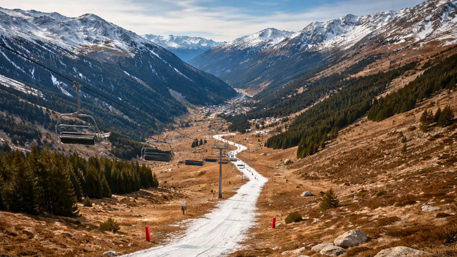 Une piste de ski étroite couverte d’un mince ruban de neige artificielle traverse une montagne alpine presque sans neige, avec des télésièges immobiles.