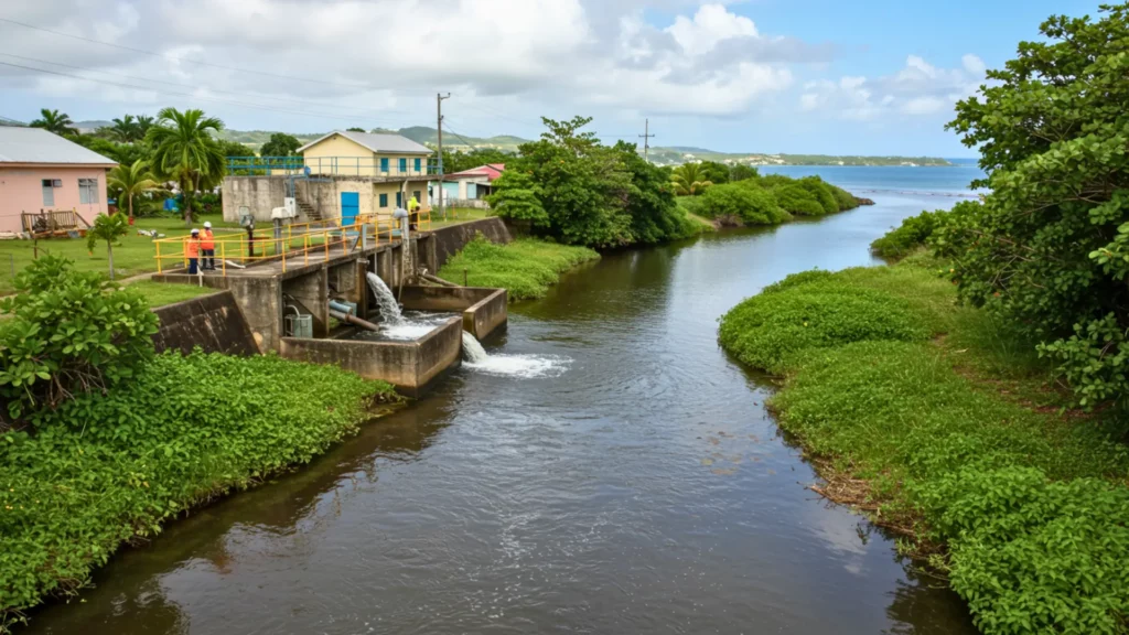 Station d’épuration rejetant de l’eau dans une rivière en Guadeloupe