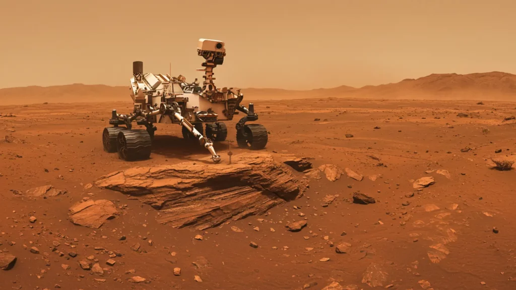 Rover explorant une roche ancienne sur la surface désertique de Mars pour analyser des molécules organiques