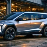 Un SUV électrique futuriste devant une usine au crépuscule