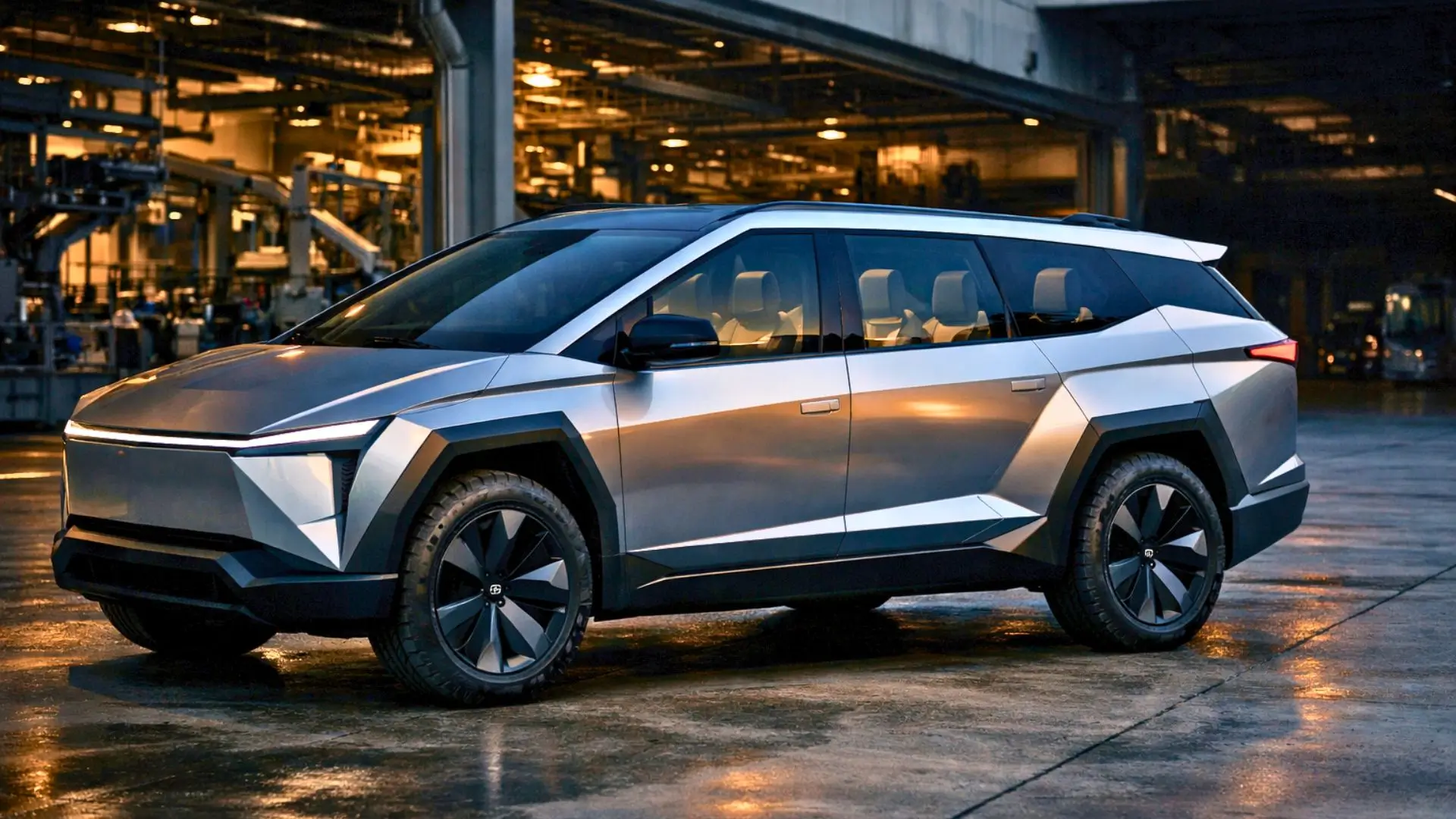 Un SUV électrique futuriste devant une usine au crépuscule
