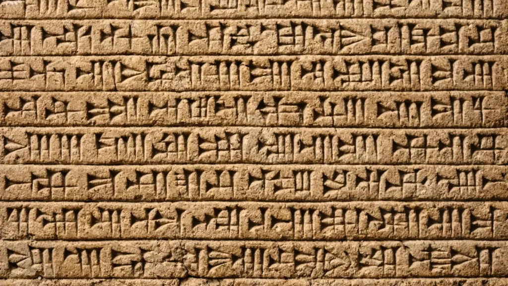 Gros plan réaliste d’une ancienne tablette d’argile couverte de signes cunéiformes sumériens gravés en lignes horizontales.