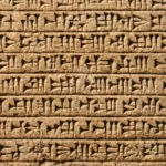 Gros plan réaliste d’une ancienne tablette d’argile couverte de signes cunéiformes sumériens gravés en lignes horizontales.