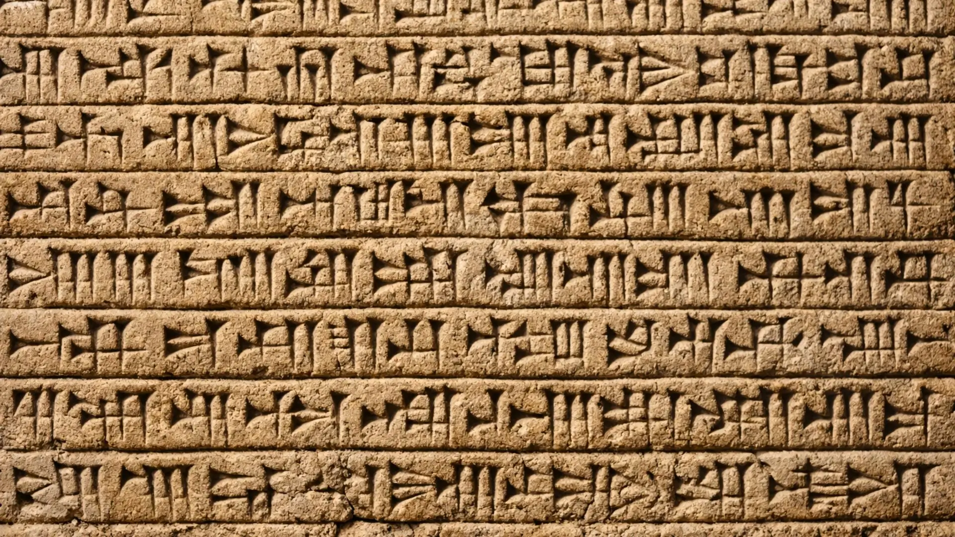 Gros plan réaliste d’une ancienne tablette d’argile couverte de signes cunéiformes sumériens gravés en lignes horizontales.