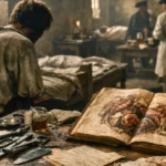 Dans un hôpital militaire du XVIIIe siècle, un jeune homme amaigri vu de dos est assis près d’une table couverte d’instruments chirurgicaux et d’un livre d’anatomie ouvert.