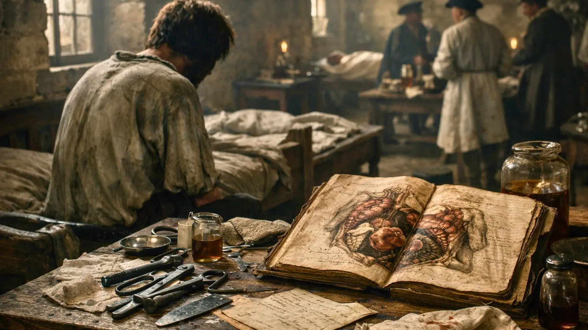 Dans un hôpital militaire du XVIIIe siècle, un jeune homme amaigri vu de dos est assis près d’une table couverte d’instruments chirurgicaux et d’un livre d’anatomie ouvert.