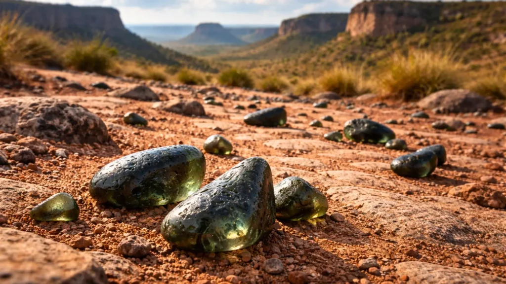 Fragments sombres de tectites translucides reposant sur un sol rougeâtre d’un plateau brésilien sous une lumière naturelle intense.