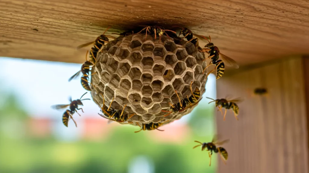 Nid de guêpes fixé sous une toiture en bois avec plusieurs guêpes en activité