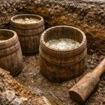Trois tonneaux en chêne du XVIIe siècle découverts dans une fouille sous une rue de Skien, en Norvège, avec des traces de chaux et un grand pilon en bois à proximité.