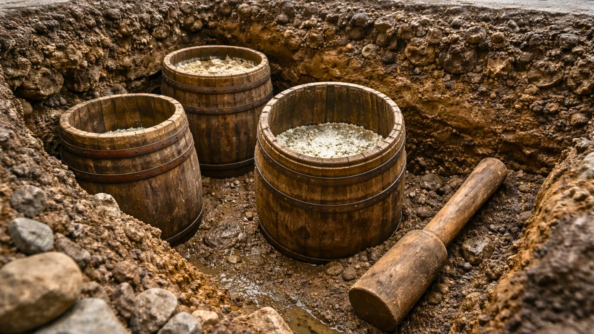 Trois tonneaux en chêne du XVIIe siècle découverts dans une fouille sous une rue de Skien, en Norvège, avec des traces de chaux et un grand pilon en bois à proximité.