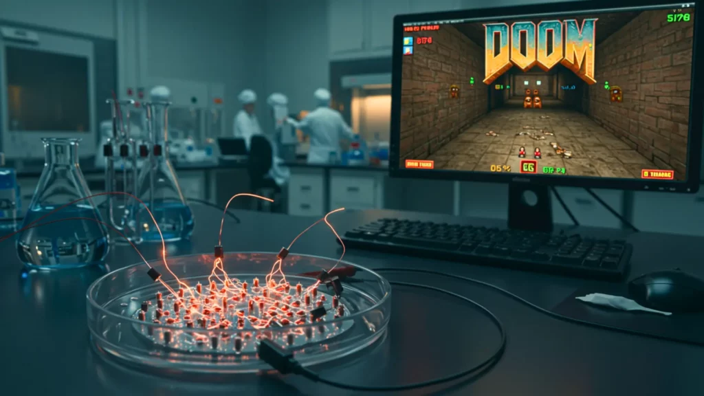 neurones humains cultivés sur une puce connectée à un ordinateur jouant au jeu vidéo doom dans un laboratoire