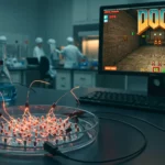 neurones humains cultivés sur une puce connectée à un ordinateur jouant au jeu vidéo doom dans un laboratoire