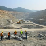 Mine à ciel ouvert avec ouvriers et engins exploitant un gisement de lithium dans le Hunan en Chine