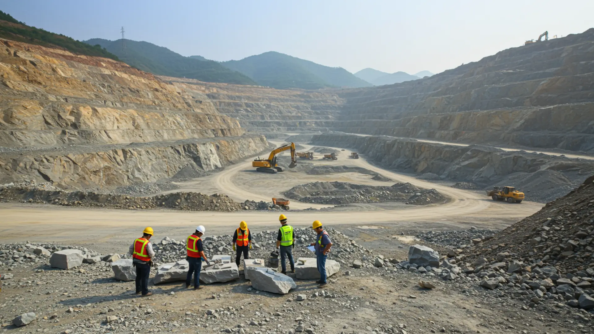 Mine à ciel ouvert avec ouvriers et engins exploitant un gisement de lithium dans le Hunan en Chine