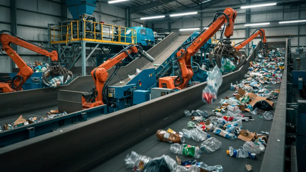 Bras robotisés triant des déchets recyclables sur une chaîne de tri automatisée pilotée par intelligence artificielle