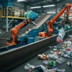 Bras robotisés triant des déchets recyclables sur une chaîne de tri automatisée pilotée par intelligence artificielle