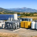 Installation de stockage d’énergie hybride en Espagne avec panneaux solaires, électrolyseur et réservoirs d’hydrogène