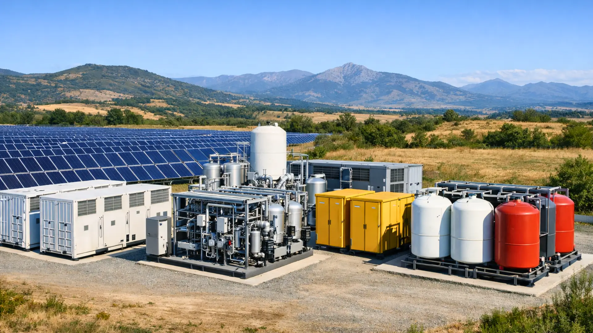 Installation de stockage d’énergie hybride en Espagne avec panneaux solaires, électrolyseur et réservoirs d’hydrogène