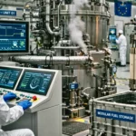 Techniciens en combinaison contrôlant un réacteur nucléaire expérimental avec stockage de combustible modulaire dans un laboratoire high-tech