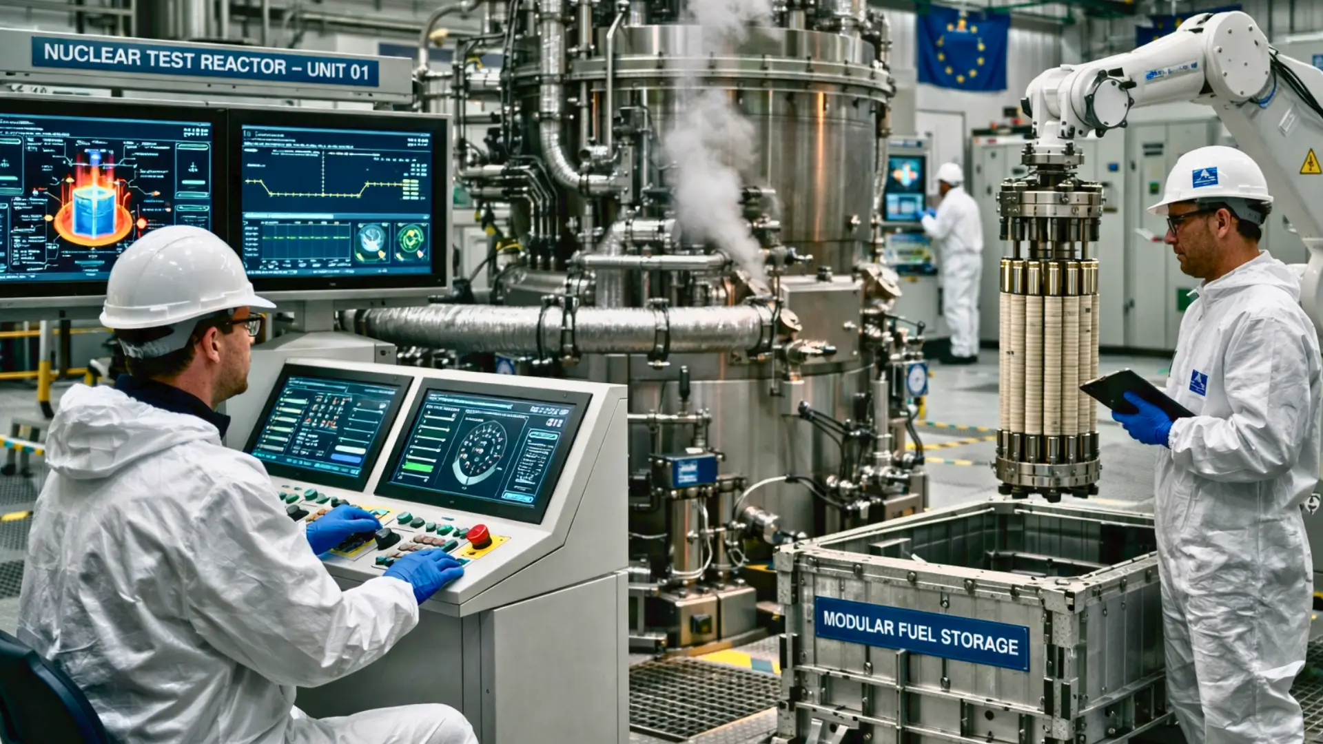 Techniciens en combinaison contrôlant un réacteur nucléaire expérimental avec stockage de combustible modulaire dans un laboratoire high-tech