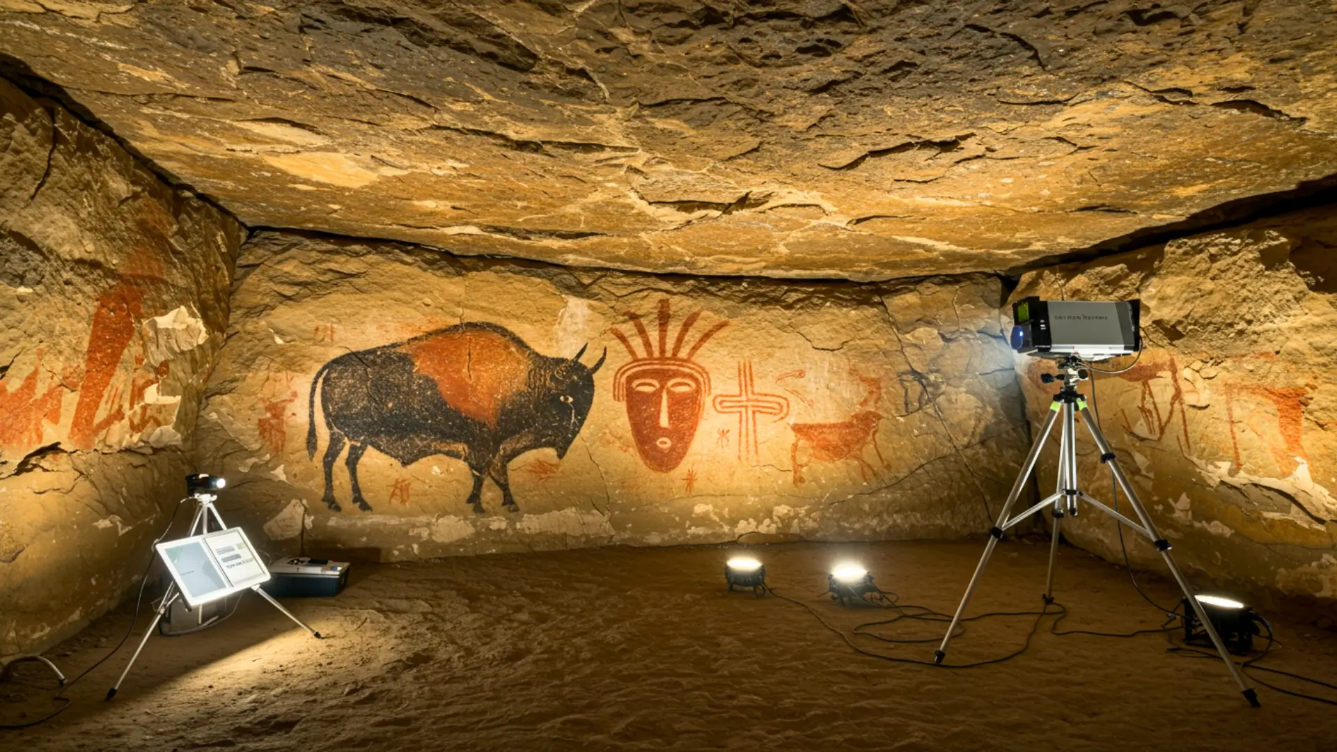 Peinture rupestre de bison dans une grotte analysée par un dispositif scientifique non invasif