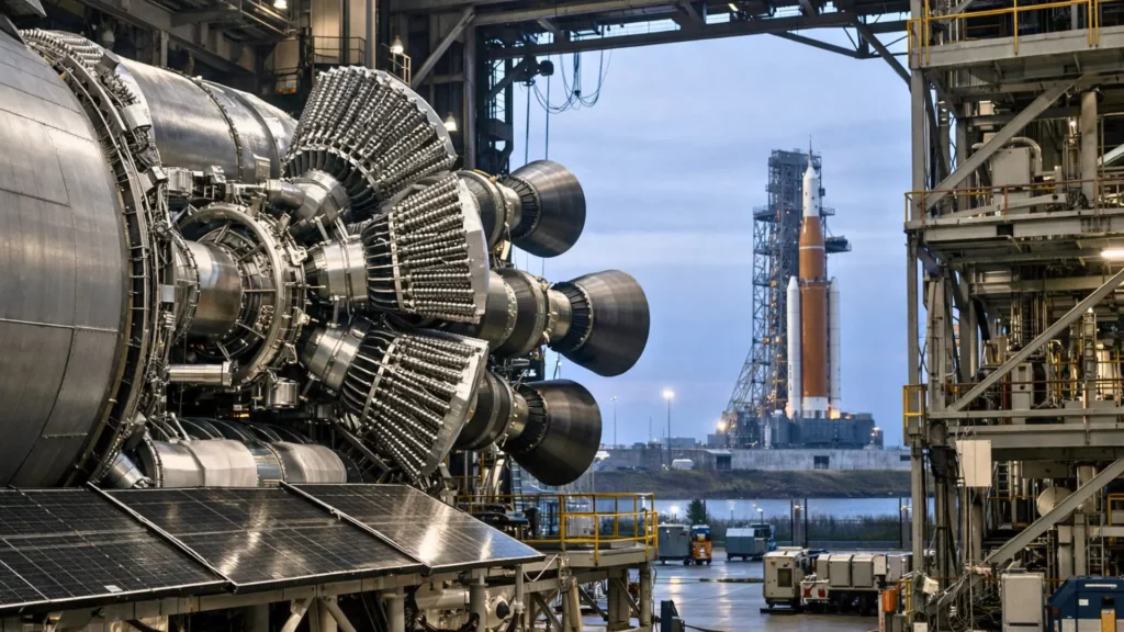 Vue rapprochée d’un vaisseau spatial à propulsion nucléaire en assemblage dans un hangar industriel, avec une fusée lunaire prête au lancement à l’arrière-plan sous un ciel froid du matin.
