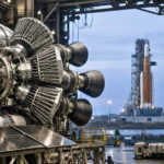 Vue rapprochée d’un vaisseau spatial à propulsion nucléaire en assemblage dans un hangar industriel, avec une fusée lunaire prête au lancement à l’arrière-plan sous un ciel froid du matin.