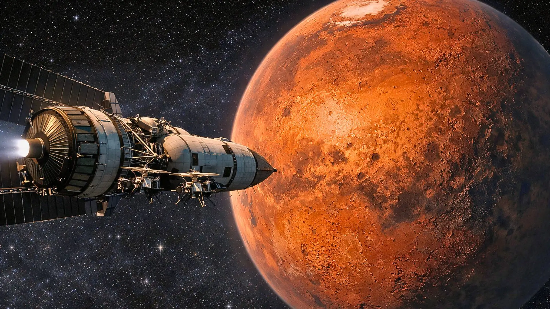 Un vaisseau spatial à propulsion électrique nucléaire s’approche de Mars, avec trois petits hélicoptères fixés à sa structure.