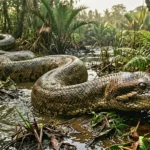 Un serpent préhistorique géant inspiré de Vasuki indicus se déplace dans un marécage tropical de l’Inde ancienne.