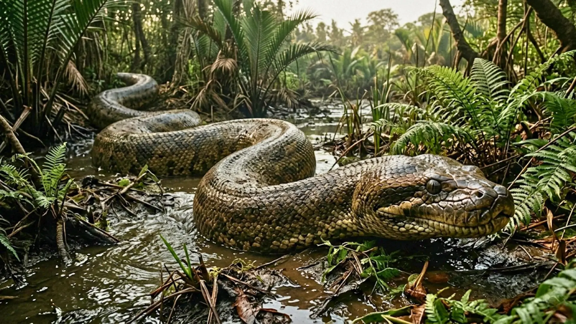 Un serpent préhistorique géant inspiré de Vasuki indicus se déplace dans un marécage tropical de l’Inde ancienne.