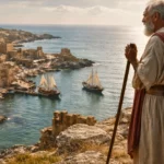 Un vieil homme vêtu d’une robe d’inspiration phénicienne se tient sur une colline rocheuse face à un ancien port méditerranéen partiellement en ruines.