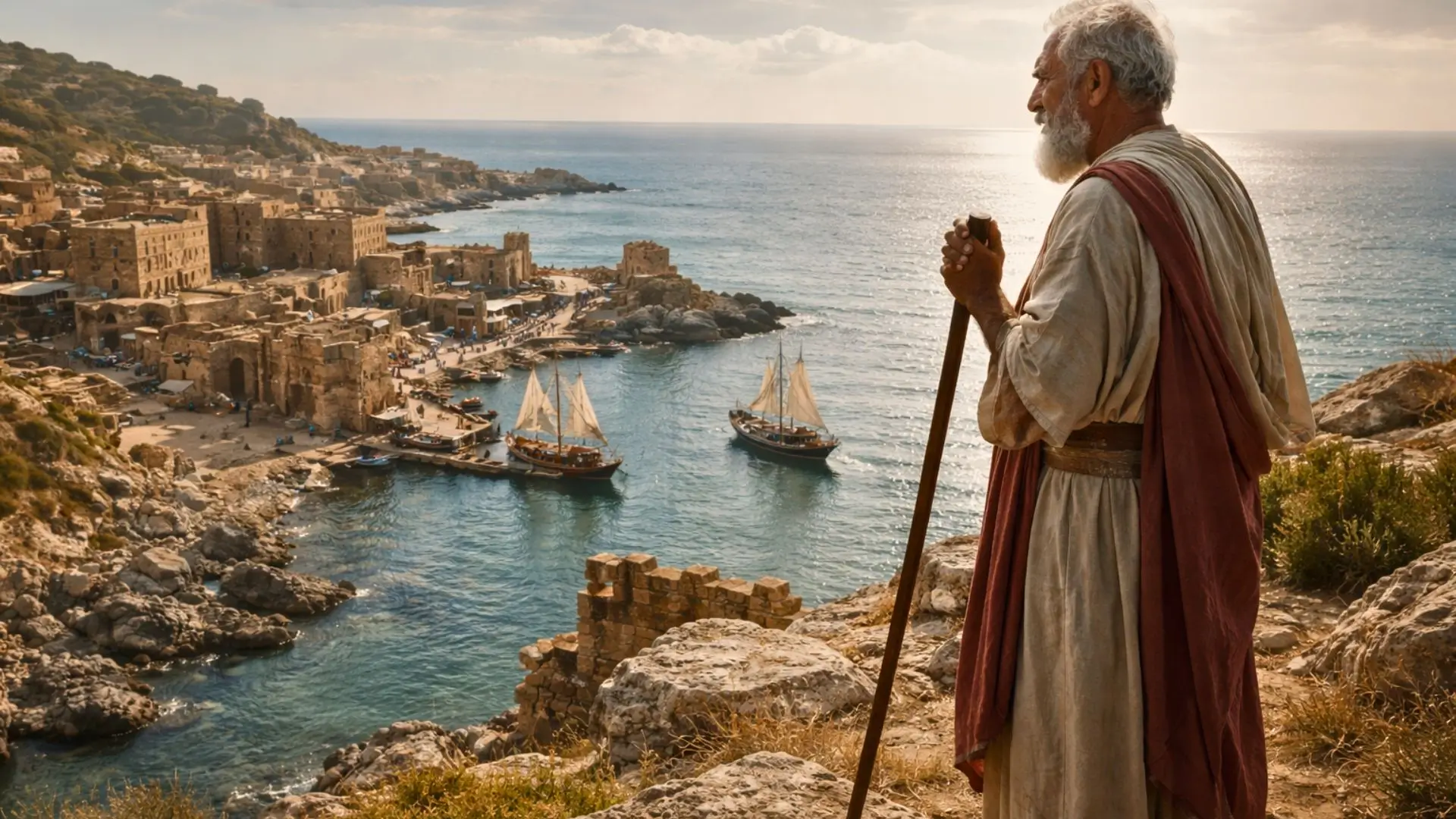 Un vieil homme vêtu d’une robe d’inspiration phénicienne se tient sur une colline rocheuse face à un ancien port méditerranéen partiellement en ruines.