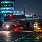 Un avion de ligne roule de nuit sur le tarmac de l’aéroport de Dubaï, dans un contexte de trafic aérien fortement contrôlé.