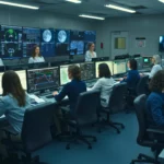Salle de contrôle scientifique avec une équipe majoritairement féminine analysant des données spatiales sur écrans multiples