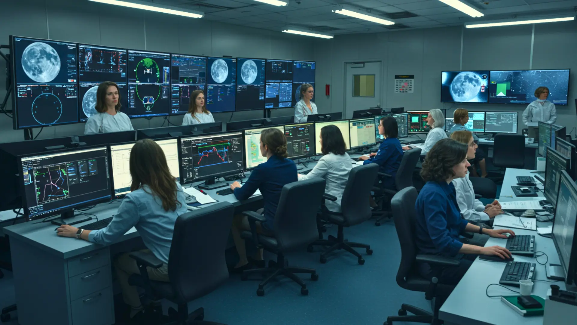 Salle de contrôle scientifique avec une équipe majoritairement féminine analysant des données spatiales sur écrans multiples