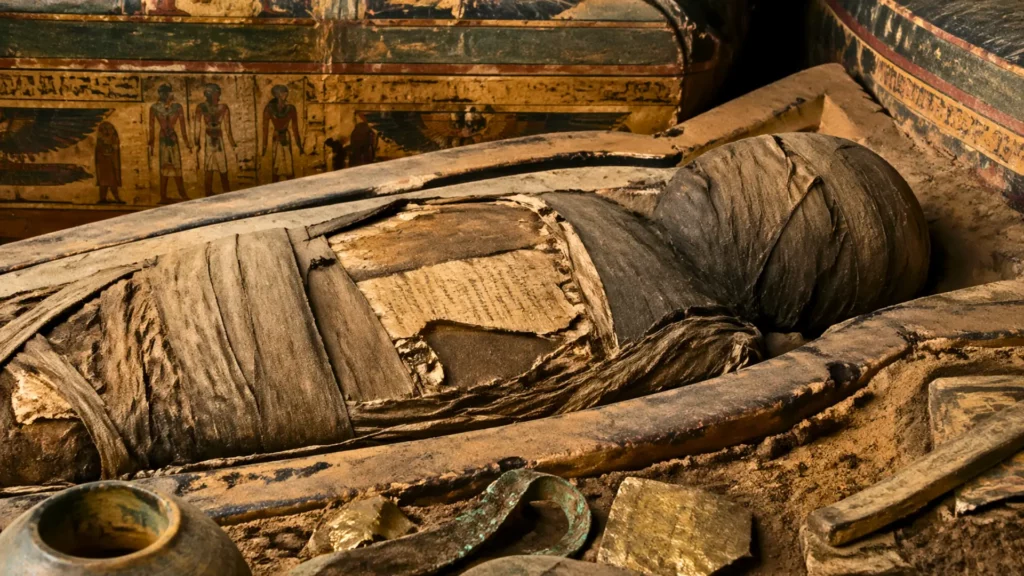 Momie égyptienne ouverte révélant un papyrus ancien inséré dans les bandelettes funéraires
