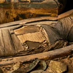 Momie égyptienne ouverte révélant un papyrus ancien inséré dans les bandelettes funéraires