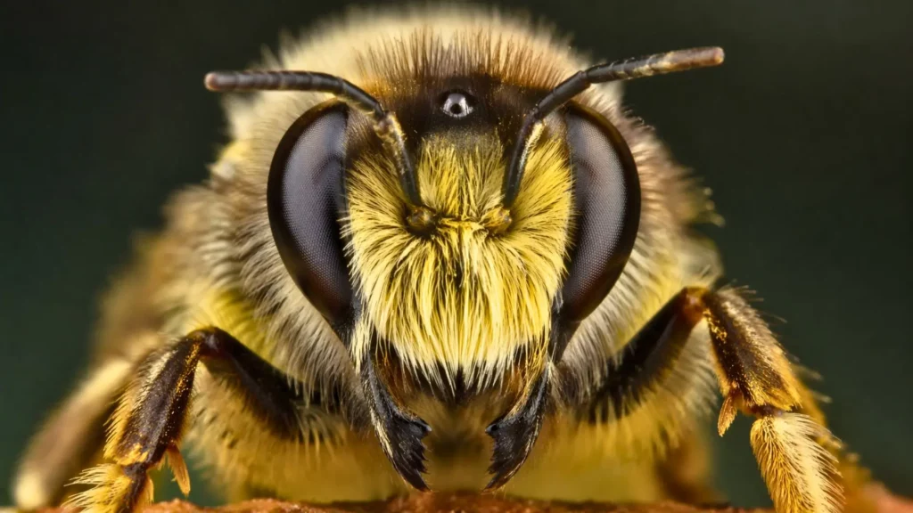 Gros plan frontal sur une abeille solitaire, avec ses grands yeux composés, ses poils jaunes et bruns et ses mandibules sombres nettement visibles.