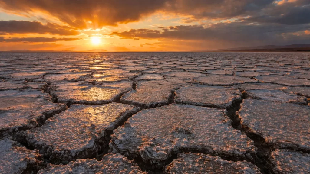 Un ancien fond marin asséché s’étend à perte de vue, couvert de plaques de sel craquelées et de profondes fissures sous une lumière de coucher de soleil dramatique.
