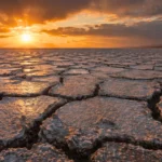 Un ancien fond marin asséché s’étend à perte de vue, couvert de plaques de sel craquelées et de profondes fissures sous une lumière de coucher de soleil dramatique.