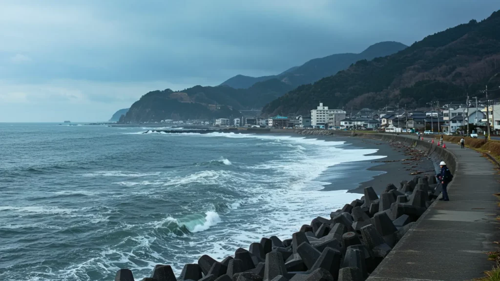 Côte de Sanriku au Japon avec vagues agitées après un séisme, digue et habitations en arrière-plan